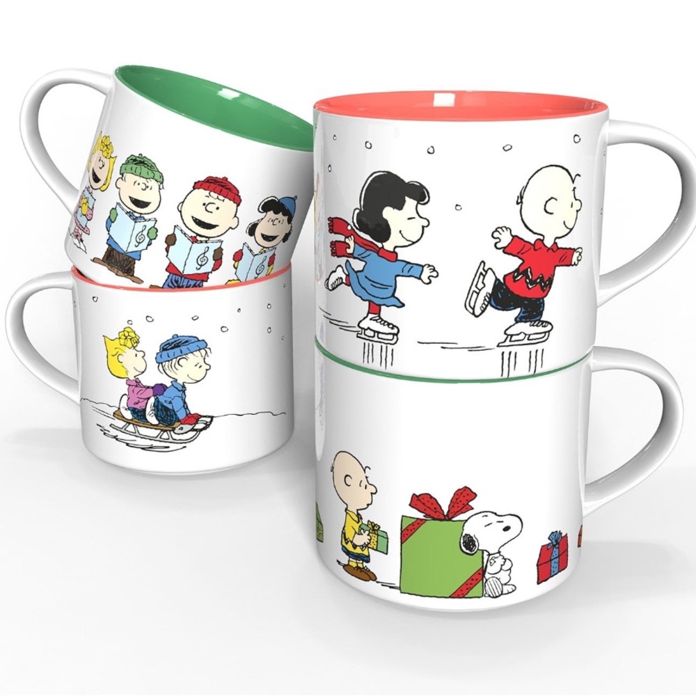 Peanuts Festive Mug 4pc Set White and Multicolor 15 oz each Holiday Gift Set New